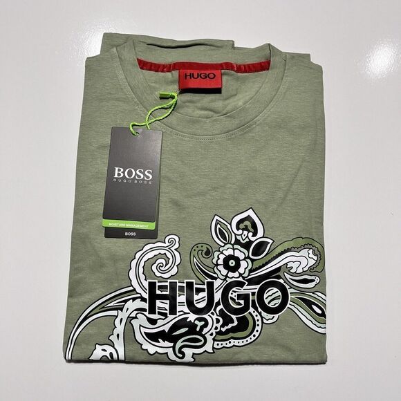Hugo Boss Mens T-Shirt Green Floral‎ Logo Short Sleeve Size Small NWT - Picture 1 of 3